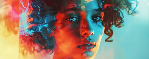 Wall Mural - Vibrant portrait of a young woman with neon lights casting colorful shadows on her face