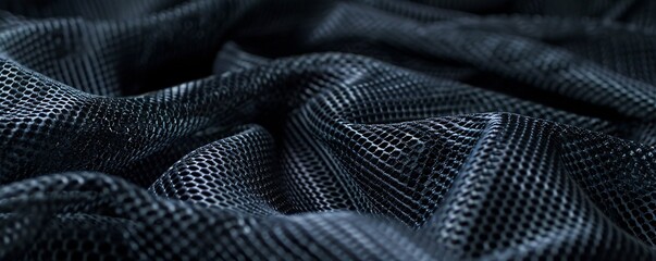 Wall Mural - Abstract folds and wavy shapes in dark mesh fabric, creating a textured background