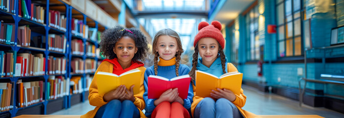 three multi-ethnic girls happily reading books in the school library