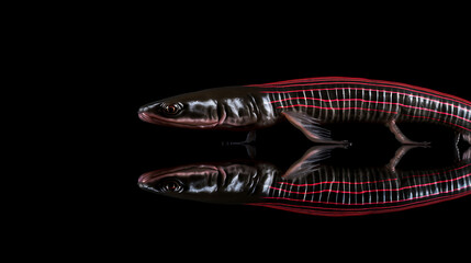 Black, red, and white fish with a striking pattern, reflecting in water, a captivating underwater world. 