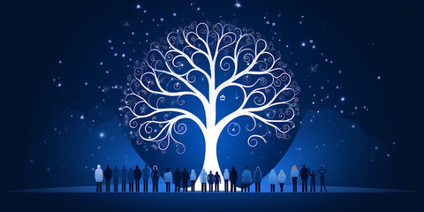 A stylized white tree with blue and white lights against a dark blue background, symbolizing hope, community, and winter wonder. 