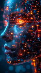 Wall Mural - Futuristic Cybernetic Human Face with Advanced Smart Brain Technology, AI Neural Network, Digital Circuit Illumination, Sci-Fi Tech Development, Concept of Artificial Intelligence and Machine Learning