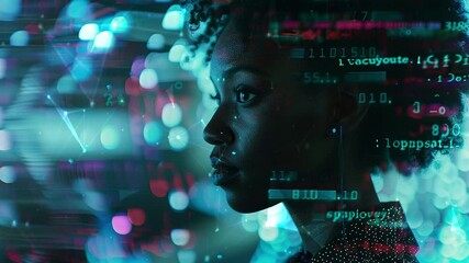 Wall Mural - Black female cyber security expert with AI code illusminated overlay around her. Working in a data center. Generate AI.