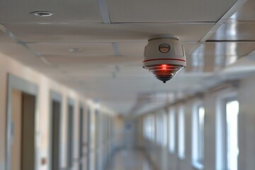 Wall Mural - A long, dark hallway with a single red light suspended from the ceiling