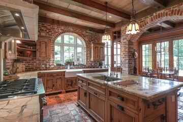 Spacious kitchen featuring exposed brick, rustic wood cabinets, and an island with a granite countertop