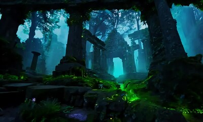 Sticker - A mysterious and atmospheric digital painting of a ruined building surrounded by glowing plants in a dark forest.