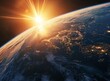 © Darcraft - A breathtaking view of Earth from space as the sun rises over the horizon, casting a warm glow on the planet's surface.