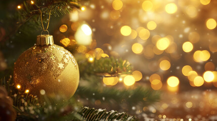 Golden christmas ornament hanging on a christmas tree with sparkling lights