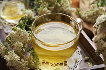 Poster - Herbal tea in a transparent glass cup with fresh yarrow or Achillea millefolium flowers