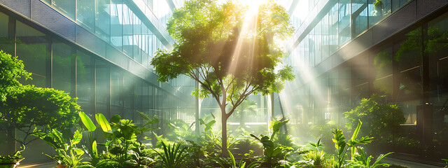 Green tree with sun rays shining through glass building, green and blue, modern, nature in urban environment, a peaceful and inspiring scene. 
