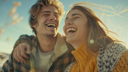 Wall Mural - A happy young couple is outside, laughing and having a blast together.