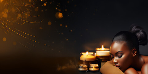 A woman with dark skin relaxes in a spa setting, surrounded by golden candles and soft light, evoking tranquility and self-care. 
