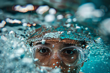 Underwater closeup shot of a swimmer. Bubbles underwater in swimming pool