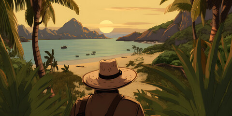 A man in a straw hat, standing in a tropical paradise, with green foliage and a blue ocean, evokes a sense of tranquility and escape. 
