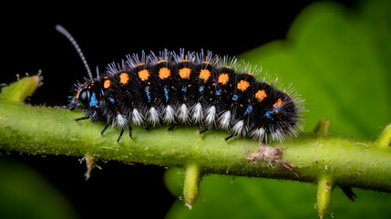 Black and orange fuzzy caterpillar crawling on a green stem, a close-up macro image for nature and wildlife photography. 
