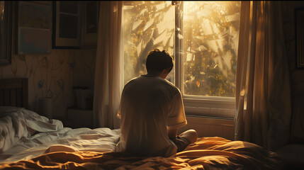 A man in white sits on a bed, golden light from a window, evoking a feeling of peace and contemplation, perfect for a relaxation and mindfulness concept. 
