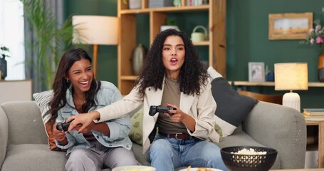 Poster - Home, video game and people with controller on sofa for weekend, competition and entertainment. Happy, friends and women with technology in living room for multiplayer, streaming and playful contest