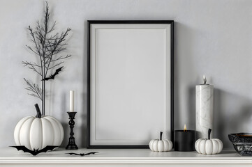 Black vertical frame for wall art mock up, Halloween decor with white pumpkins and candles in minimalist room interior.