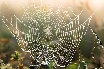 Wall Mural - A close-up of a dewy spider web in the early morning light
