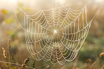 Wall Mural - A close-up of a dewy spider web in the early morning light