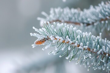 a close-up of a frost-covered pine branch in winter