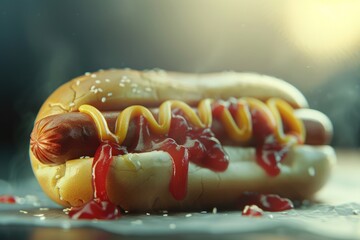 Canvas Print - A juicy hot dog smothered in ketchup and mustard, ready for consumption