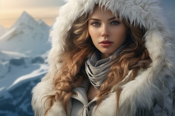 Poster - Portrait of a young woman with blue eyes and hooded jacket against a snowy mountain backdrop