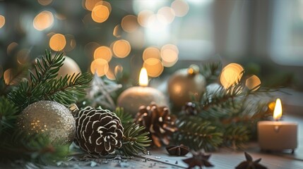 Poster - Festive decorations with a fir branch on a table