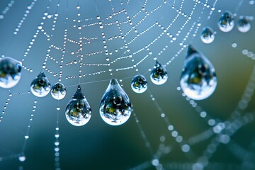 Wall Mural - A close-up of dew drops on a spiderweb, reflecting the morning light