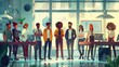 © Nicholas - A diverse team of professionals is gathered in a modern office, engaged in a meeting with a mix of casual and formal attire, discussing and collaborating on their projects.
