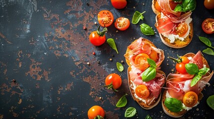 Poster - Prosciutto Bruschetta with Cherry Tomatoes and Cream Cheese Top View Copy Space