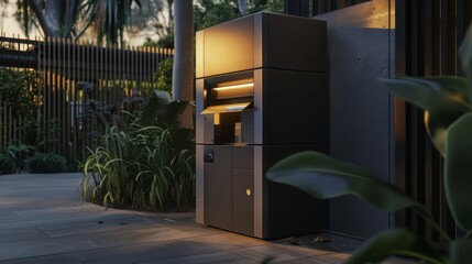 Aufkleber - A package delivery system is illuminated at night, with a wooden fence and lush foliage in the background.