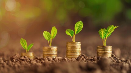 Young plants growing from stacks of coins in soil, symbolizing financial growth, investment, and sustainability. Green blurred background.