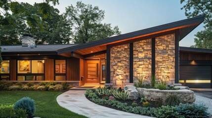 suburban mid-century modern home with a focus on texture, featuring exterior walls clad in rough-hewn stone and smooth wood panels