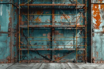 Poster - Rusty scaffolding in an abandoned building, suitable for urban exploration or construction theme