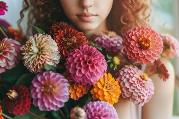 Wall Mural - A woman holding a bouquet of flowers in front of her face, possibly trying to conceal her identity or emotions