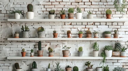 Wall Mural - Home decor with white shelving on brick walls featuring plants in pots