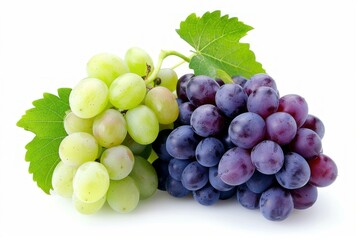 Canvas Print - Fresh ripe green and red grapes with leaves resting on a white background