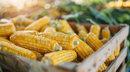 Wall Mural - This vibrant image captures a wooden crate filled with fresh yellow corn at a sunny market, highlighting the abundance, freshness, and natural appeal of farm-fresh produce.