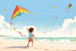 © chris3d - A young boy flies a rainbow kite on a sunny day at the beach, with blue skies and white clouds above. The beach is sandy and the waves are gentle - Generative AI