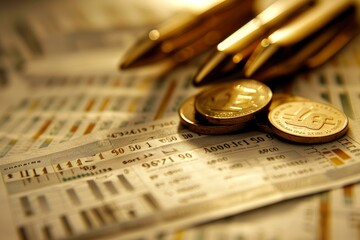 Canvas Print - Gold bars and coins are lying on a financial chart showing growth