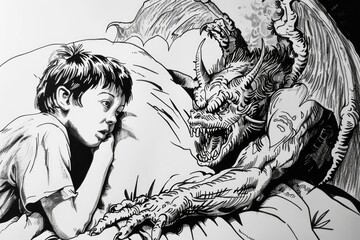 Wall Mural - A young boy lies in bed next to a demonic figure, a mysterious and supernatural scene