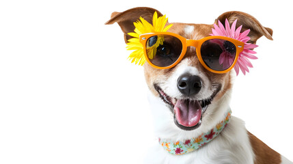 Happy smile Puppy dog wear sunglasses with summer season costume isolated on white background, pets summer, lovely dog, holiday vacation.