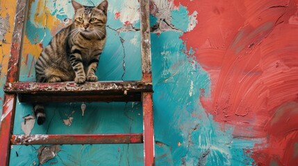 Sticker - Cat sits on stepladder in humorous wall repair scene