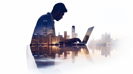 Silhouette of a businessman working on laptop in an office in a skyscraper with reflections from the window and the city lights in the background