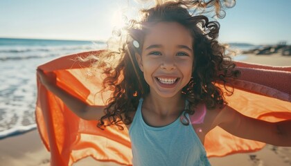 Wall Mural - Happy young girl enjoying sunny day at the beach while wearing a playful towel cape