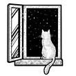 © Oleksandr Pokusai - cat looks out night summer sky window sketch engraving PNG illustration. T-shirt apparel print design. Scratch board imitation. Black and white hand drawn image.