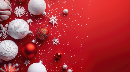 Poster - Winter holiday concept with white ornaments on red background copy space provided