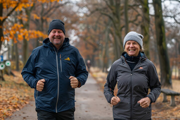 Elderly couple taking stroll in the park during fall season