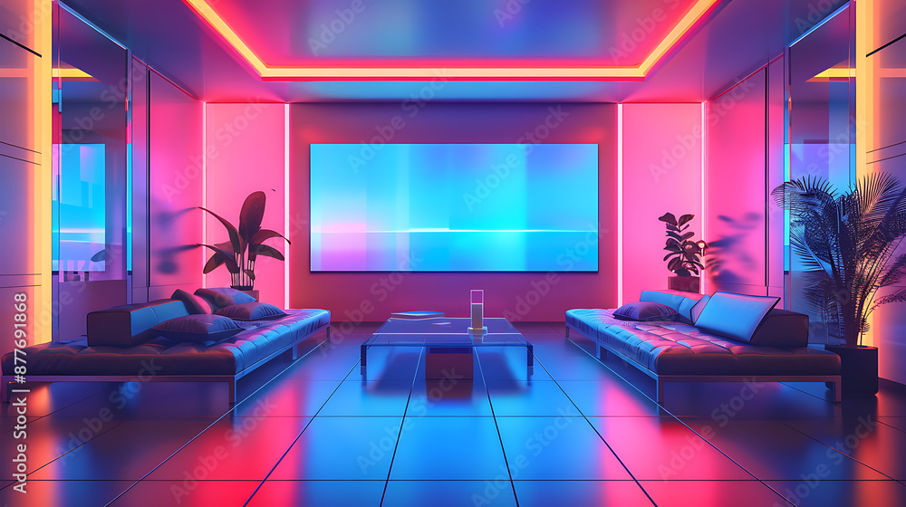 Neon pink and blue light illuminate a modern living room with sleek ...